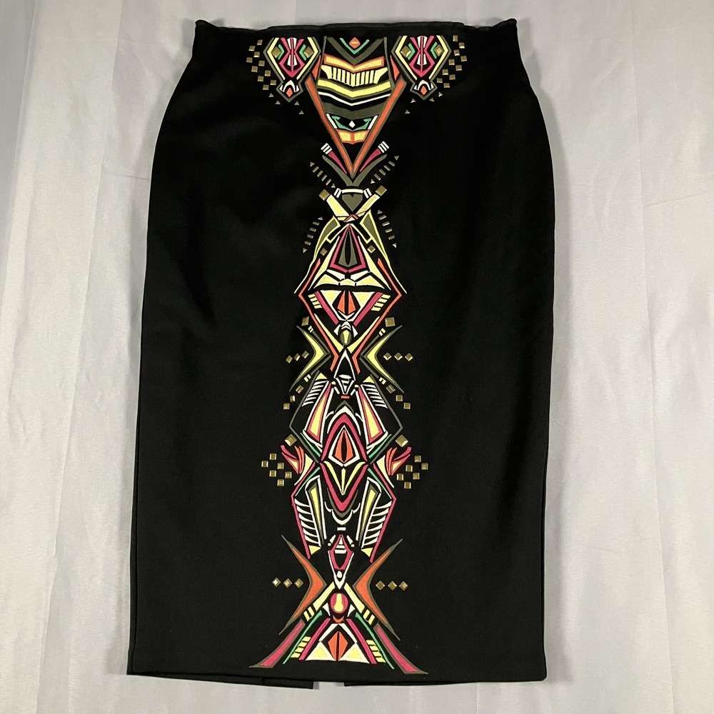 Bisou Bisou Skirt Womens Medium Black Geometric Embroidered Studded Pencil Midi
